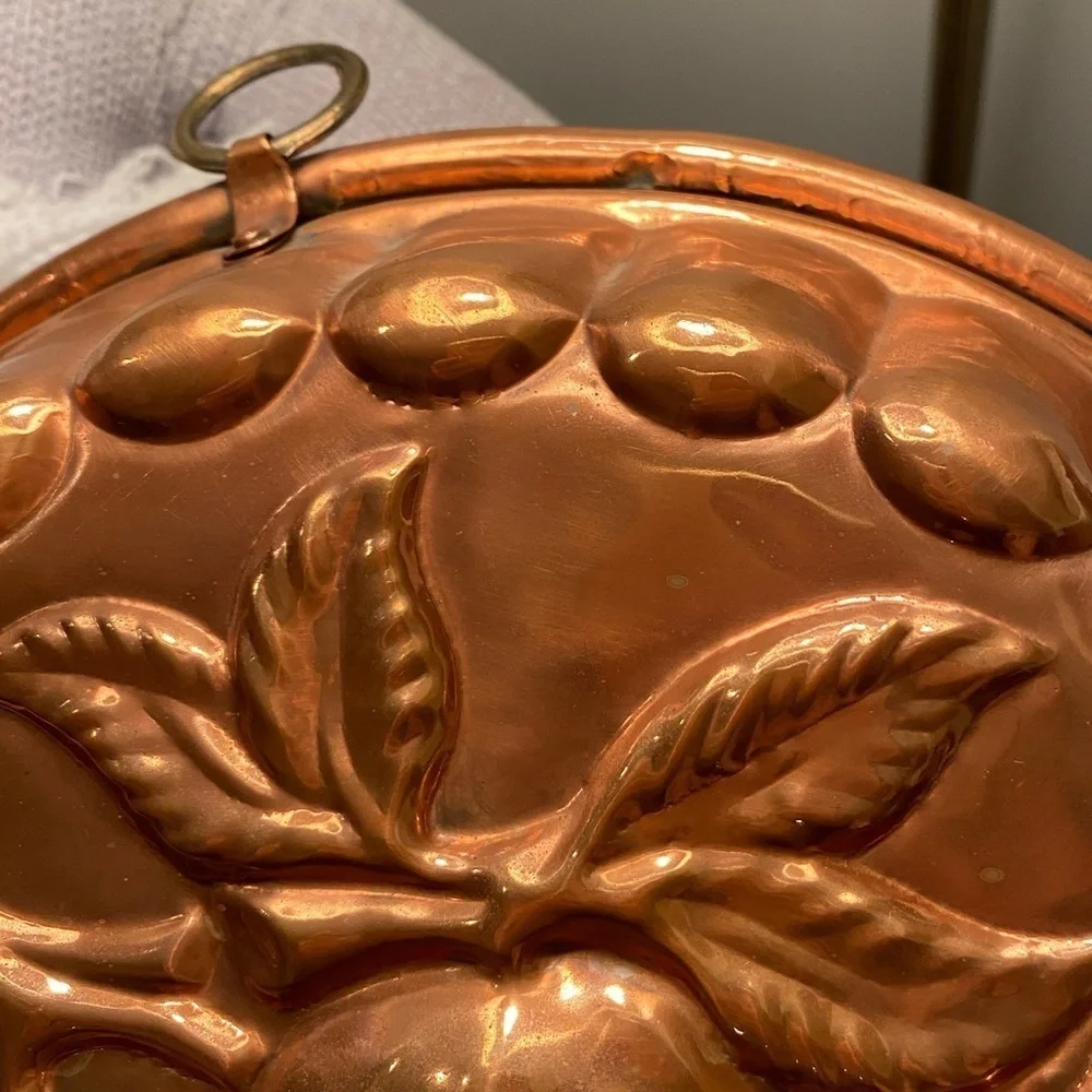 Copper Large Cake Jello Mold Tulip Flowers Grapes Tin Lined - w/Hook   Vintage